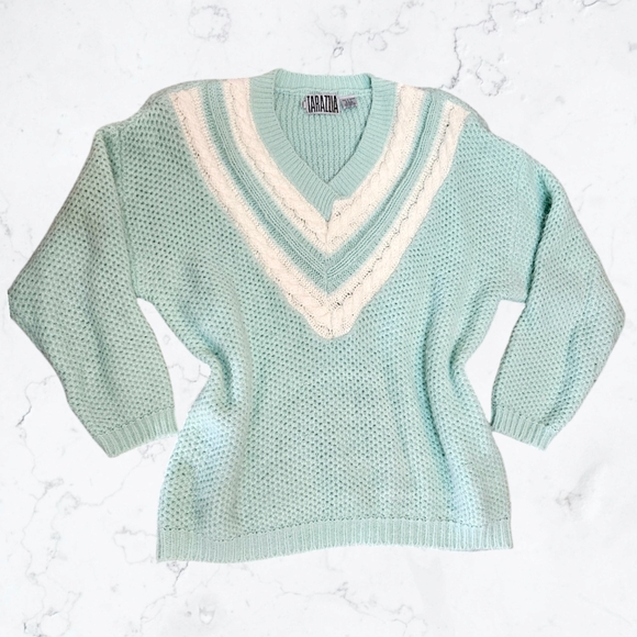 Vintage 80s Tarazzia Teal & White Fuzzy Oversize Knit Sweater - Picture 1 of 7